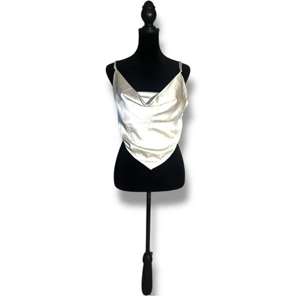 H&M Chic Ivory Satin Skinny Strap Cowl Neck Women's Cropped Camisole Top - Picture 2 of 16